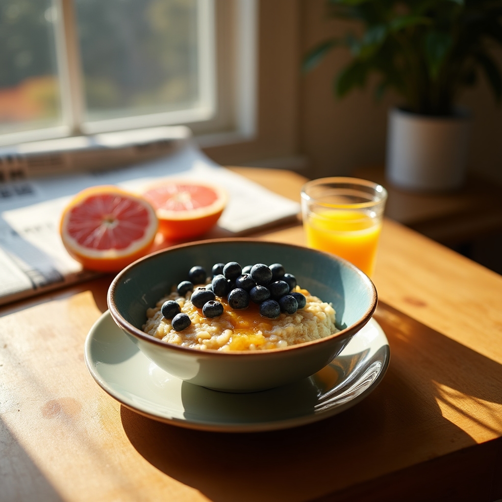 Morning breakfast setup with whole grain foods and fresh fruit on a wooden table