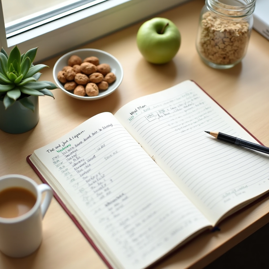 Meal planning notes and fresh ingredients on a desk surface