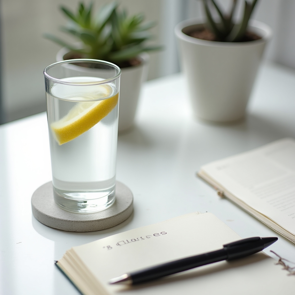 Glass of water next to a journal on a bright desk, representing daily hydration tracking