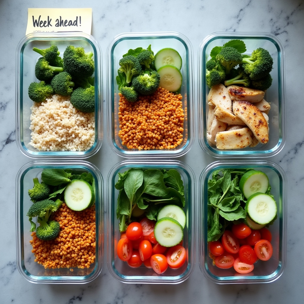 Organized meal prep containers with portions of whole grains, vegetables and proteins on a clean counter