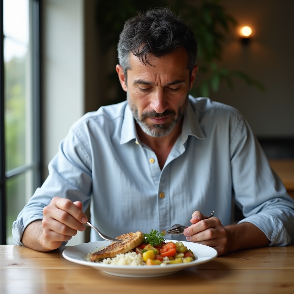 Person eating a meal slowly and attentively at a clean table without screens, natural window light