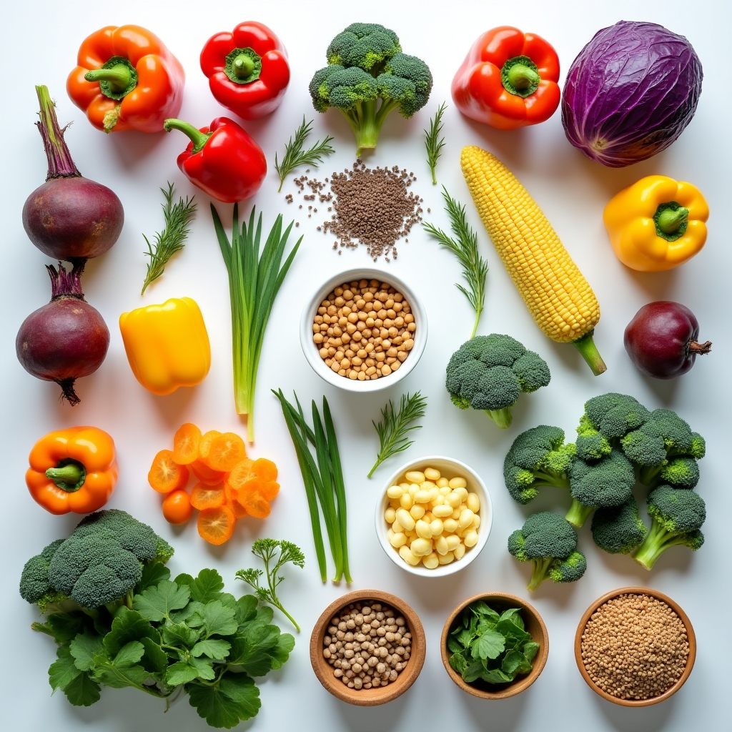 Wide variety of colorful plant-based foods spread across a light surface from above
