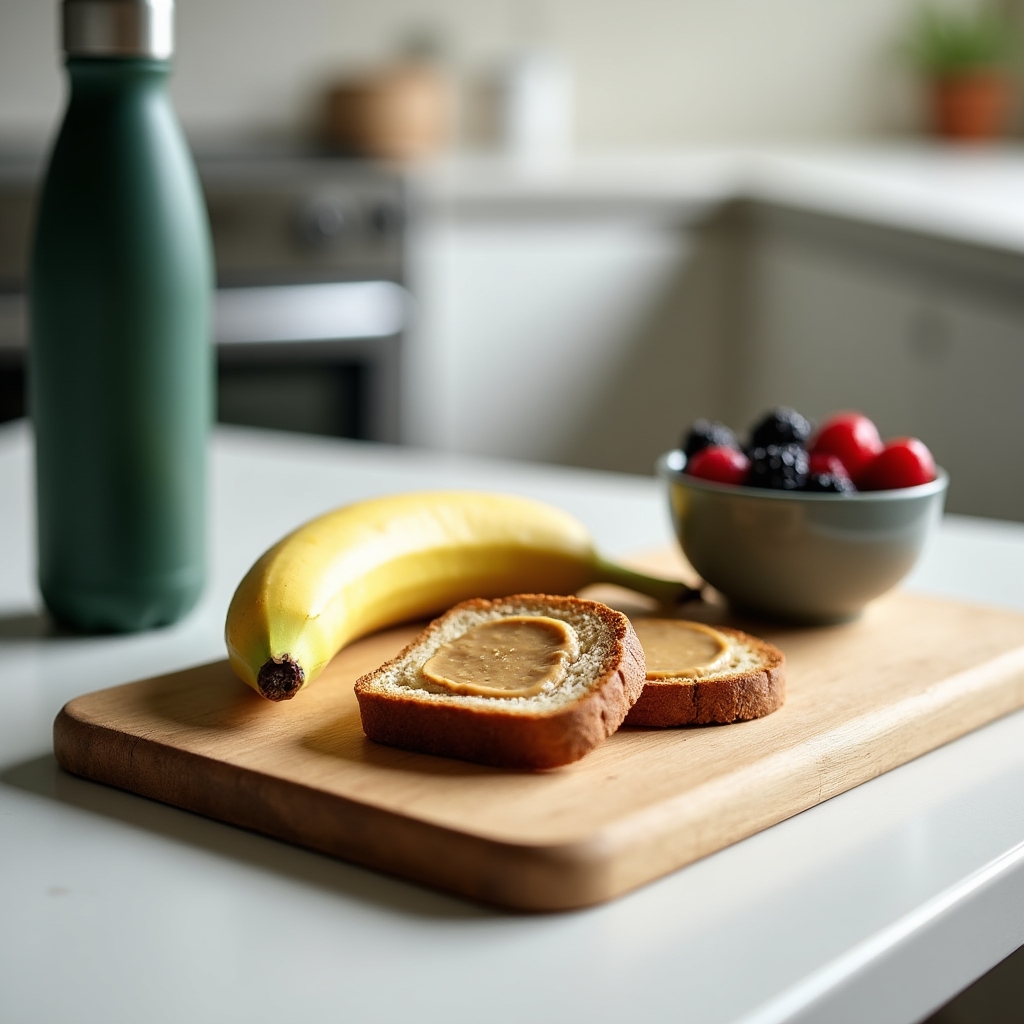 Banana and whole grain toast on a small plate beside a water bottle, representing pre-workout nutrition
