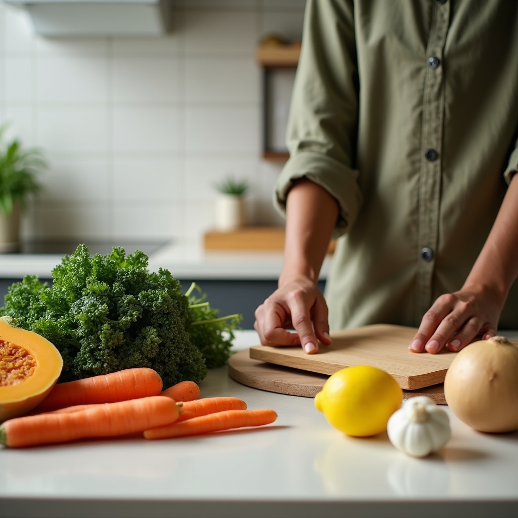 Whole foods arranged on a kitchen counter during meal preparation
